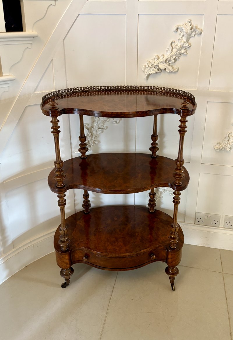 Outstanding Quality Antique Victorian Burr Walnut Serpentine Shaped Whatnot